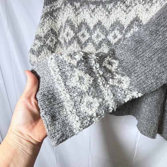 Free People Fairisle Split Neck Wool Blend Sweater Gray Ivory Size M - Picture 6 of 6